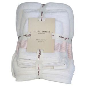 Laura Ashley 6pc White Pink Cotton Towel Set Zero Twist 2Bath 2Hand 2Washcloths